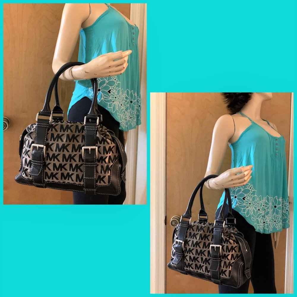 SOLD! MICHAEL KORS Black & White Signature Canvas Buckle-Trimmed Satchel - Picture 2 of 13